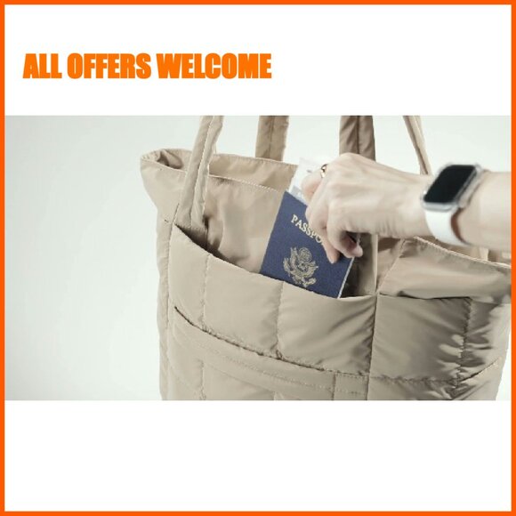 Expandable Quilted Tote Bag, Puffer Work Handbag, Travel Gym Carry On - Picture 8 of 8